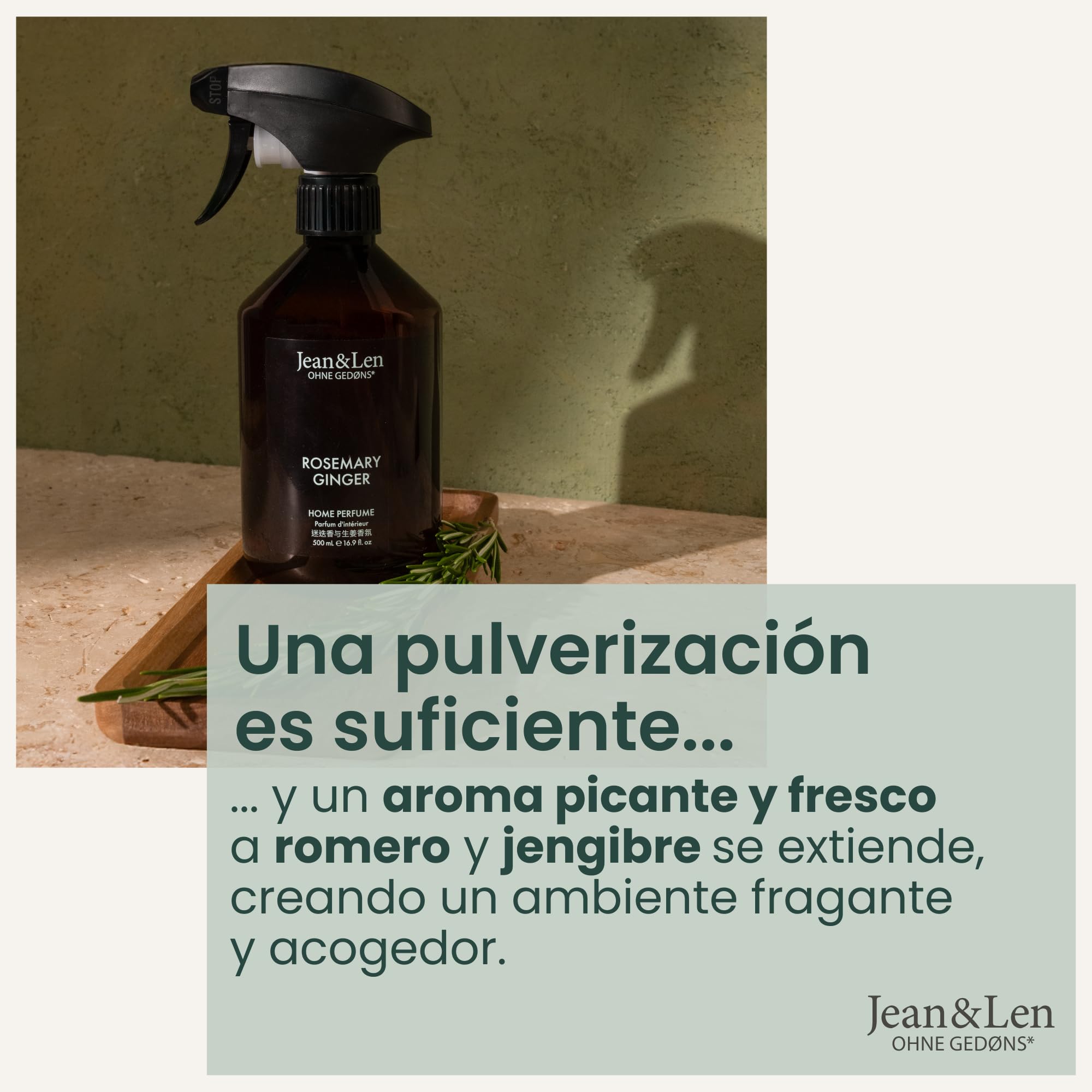 Jean & Len Home Perfume Rosemary & Ginger, ambientador con aroma especiado y fresco, refresca con un solo pulverizado, spray de ambiente de diseño minimalista, 500 ml