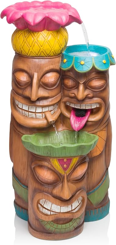 Alpine Corporation - 3-Tiered Colorful Tiki Head Water Fountain, Indoor/Outdoor Tropical Waterfall with LED Lights, for Garden, Patio, Yard, 35" H