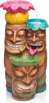 Alpine Corporation - 3-Tiered Colorful Tiki Head Water Fountain, Indoor/Outdoor Tropical Waterfall with LED Lights, for Garden, Patio, Yard, 35" H