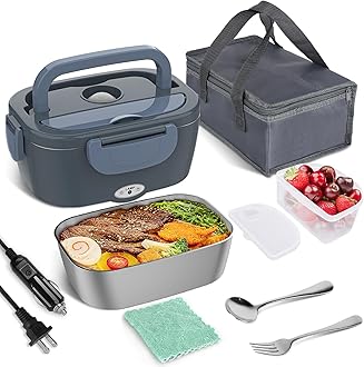 Vabaso Electric Lunch Box Food Heater, Electric Heating Lunch Boxes Lunch for Adults/Men/Car/Truck/Work, 1.5L Removable 304 Stainless Steel Container, 80W, 110V/12V/24V, with Fork & Spoon