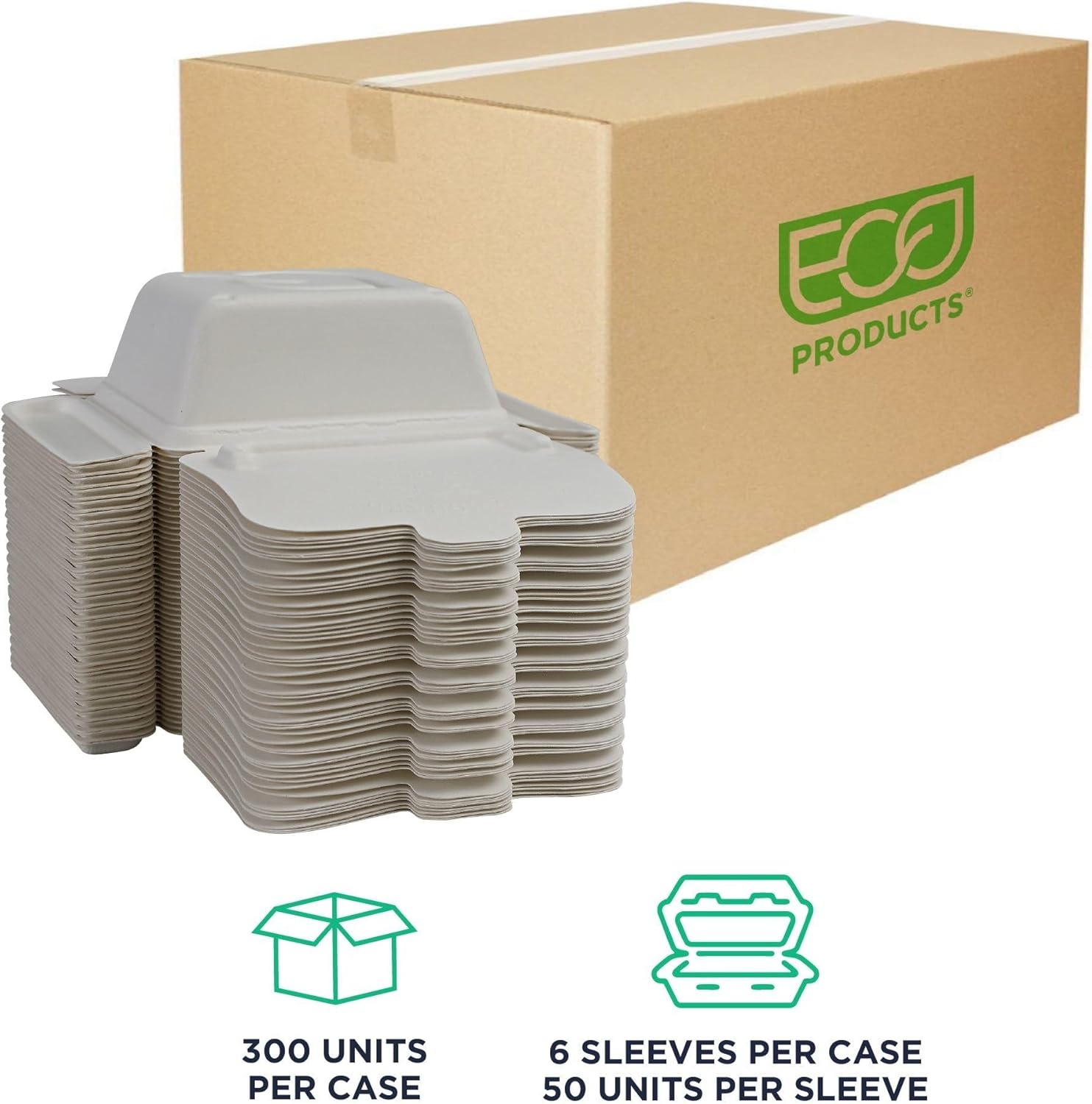 ECO PRODUCTS Compostable 35oz One-Piece To Go Containers, Case of 300, 7"x6"x2.5" Vanguard Folia Innovative Container, Disposable Renewable White Molded Fiber, No PFAS, Tree-Free, ASTM, BPI-Certified