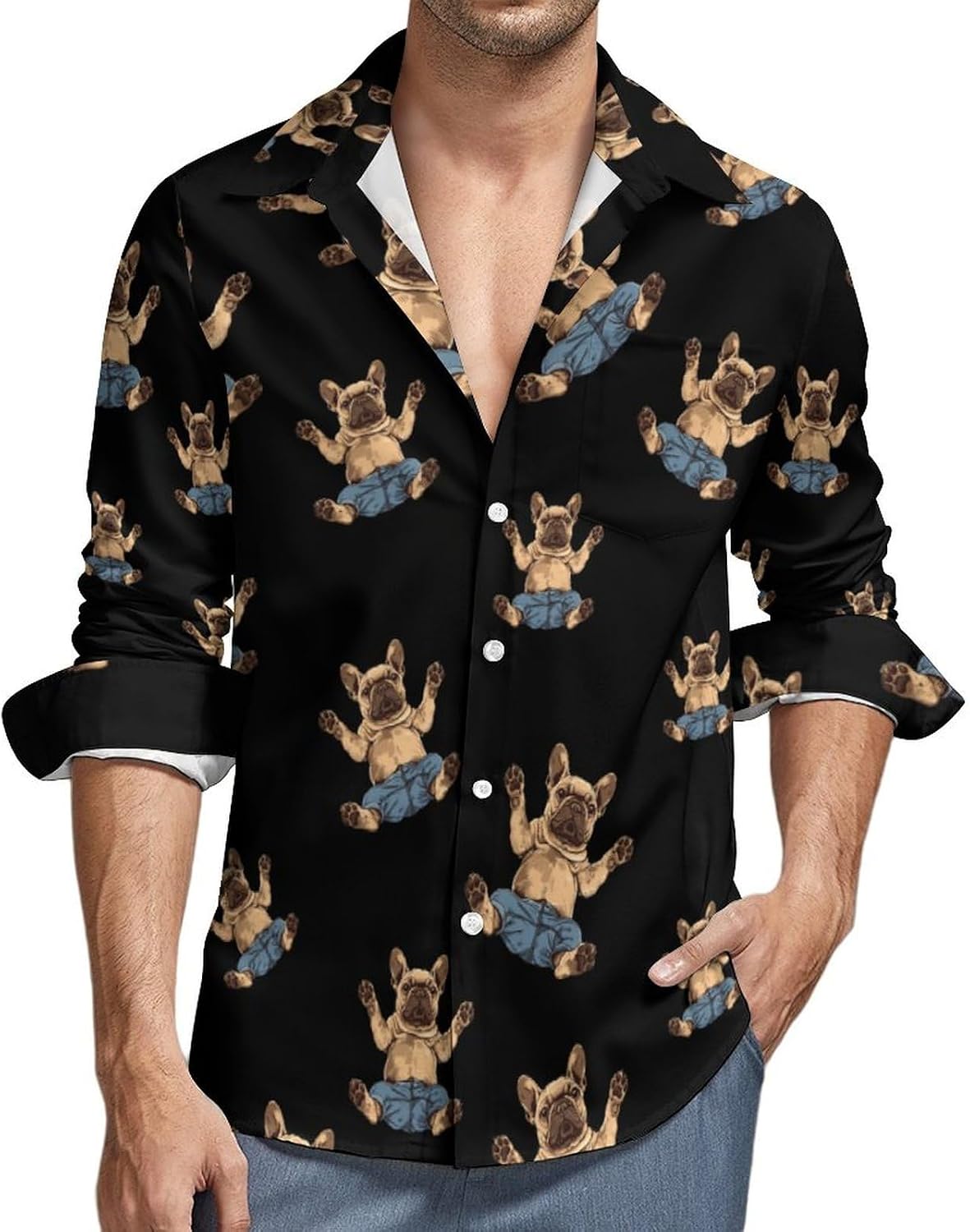 French Bull Dog Novelty Men's Long Sleeve Shirts Casual Button Down Shirt Pullover Tops