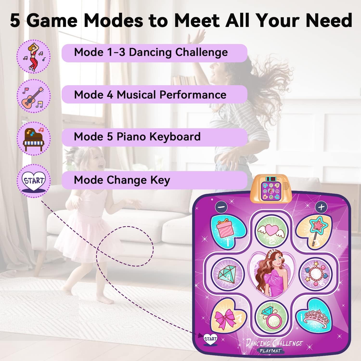 AIPIN Dance Mat Dance Mat Toy for Kids Ages 3-10,Musical Play Mats Pink Dance Mat with 5 Game Modes Including 3 Challenge Levels, Adjustable Volume LED Lights, for 3-10 Year Old Girls