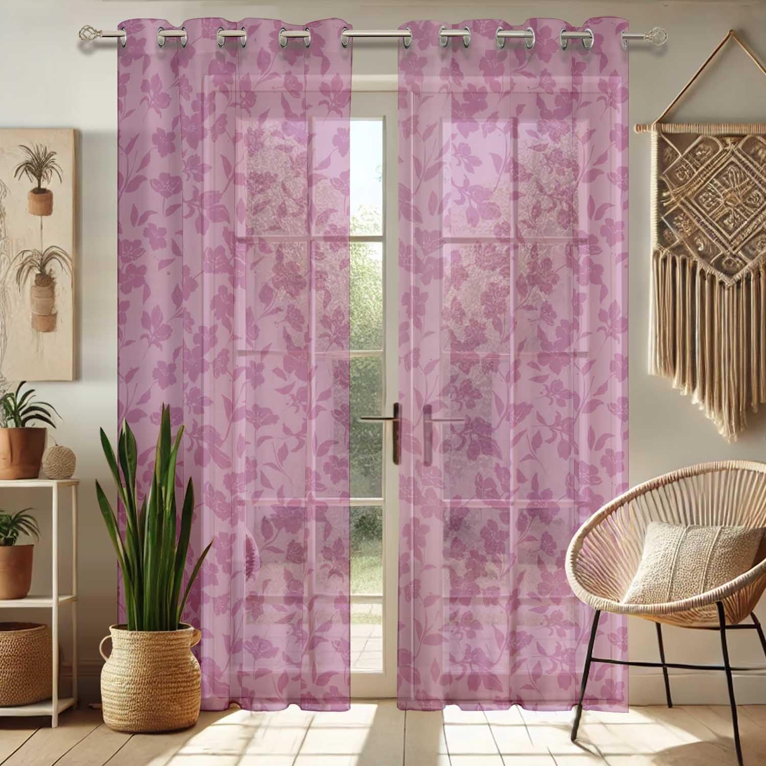 Pink Floral Pattern Sheer Curtains for Short Windows - Set of 2 Panels, 63", Grommet Top, Printed Georgette, Light Filtering Drapes for Kitchen or Bedroom