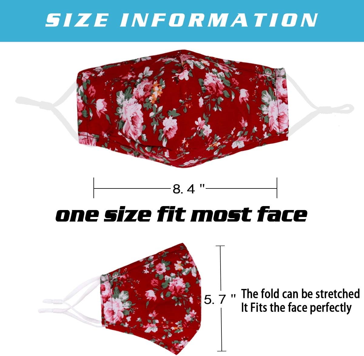 Face Mask Washable Reusable Adjustable Ear Loops, Flowers Breathable Fabric Covering Cute Fashionable Decorative Comfort for Women Man Adult Gift Fabric Facemask