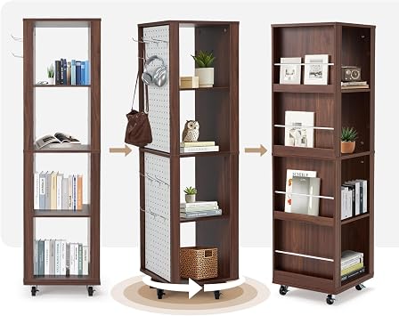 JOMEED Rotating Bookshelf Tower with Wheels, 4-Tier Corner Bookshelf with Pegboard, 360 Spinning Book Shelf Tower with Magazine Rack, Tall Bookcase, Narrow Bookcase