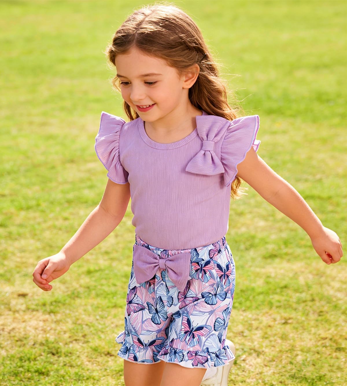 Girls 2 Piece Short Set Baby Girl Summer Clothes Ruffle Sleeve T-Shirt and Bow Knot Shorts Toddler Girl Outfit Set - Image 5