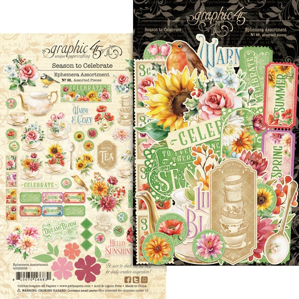 Graphic 45 Season to Celebrate Decorative Papers - 8x8 Paper Pack, Ephemera Die-Cuts and Ephemera Cards