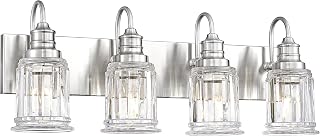 Brushed Nickel Bathroom Light, HWH 4-Light Vanity Lights for Bathroom Vanity Sconce Over Mirror, Wall Mounted Light Fixtures with Bell-Shaped Striped Glass, 5HZG106B-4W BN