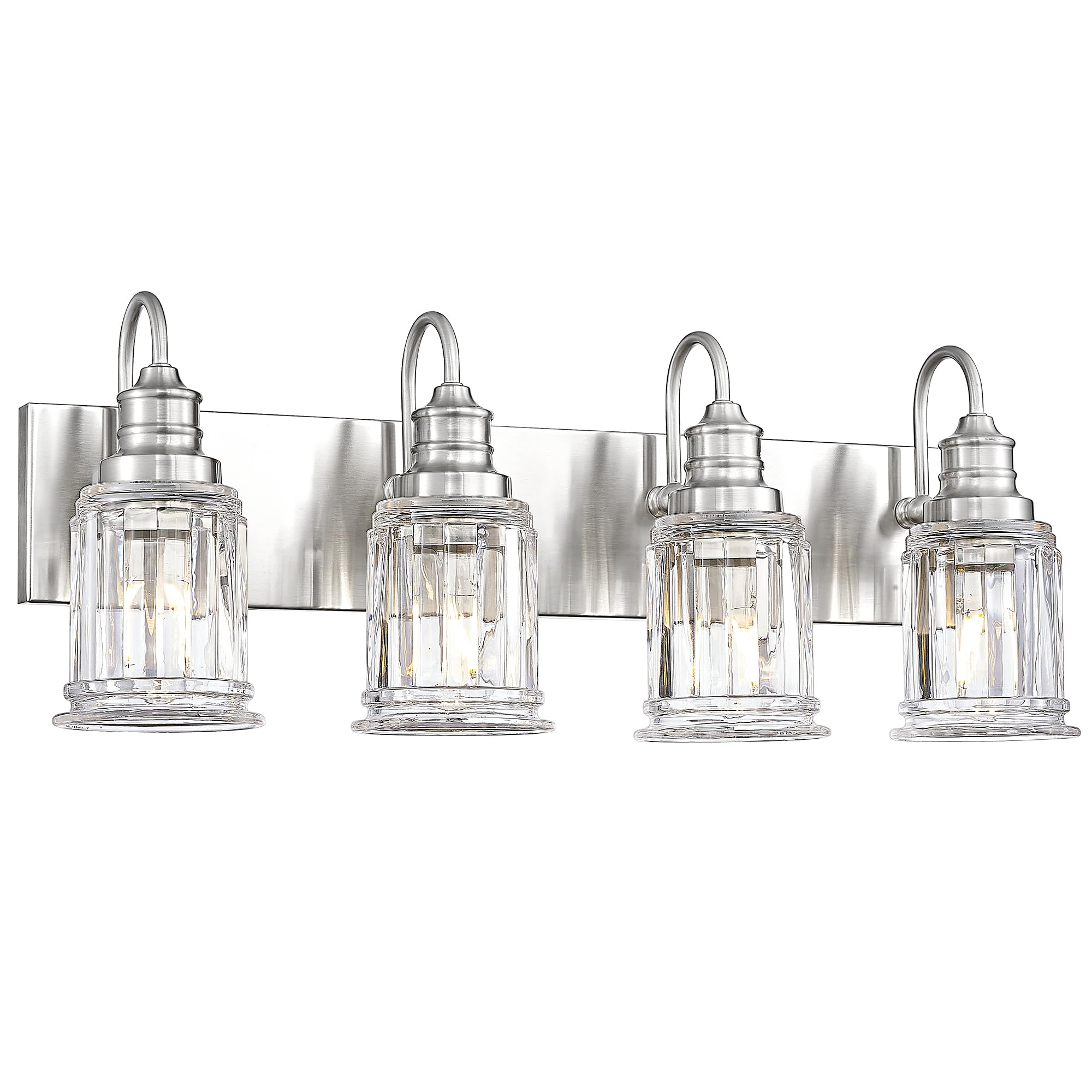 Brushed Nickel Bathroom Light, HWH 4-Light Vanity Lights for Bathroom Vanity Sconce Over Mirror, Wall Mounted Light Fixtures with Bell-Shaped Striped Glass, 5HZG106B-4W BN