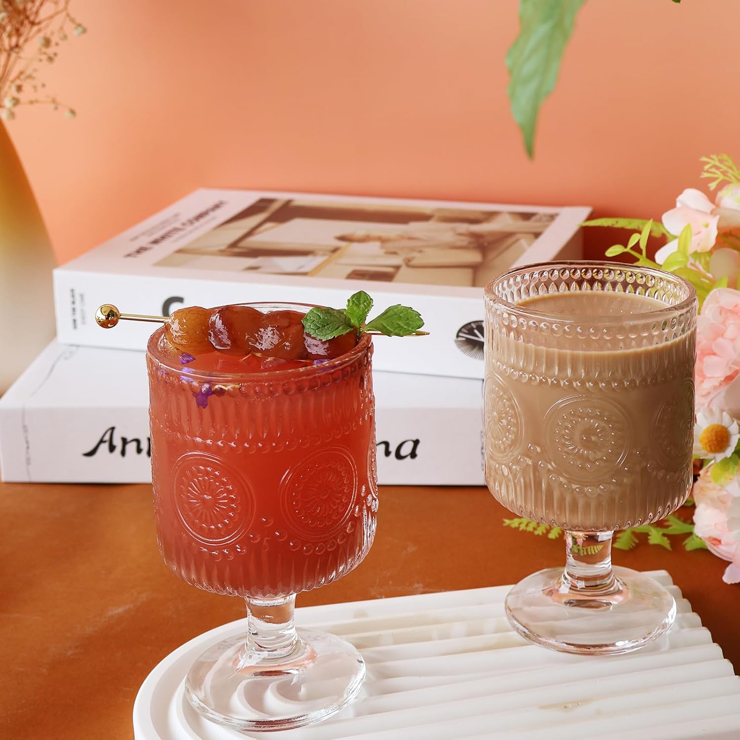 Vintage Goblet Glasses Set of 4, Embossed Floral Cocktail Drinking Glasses