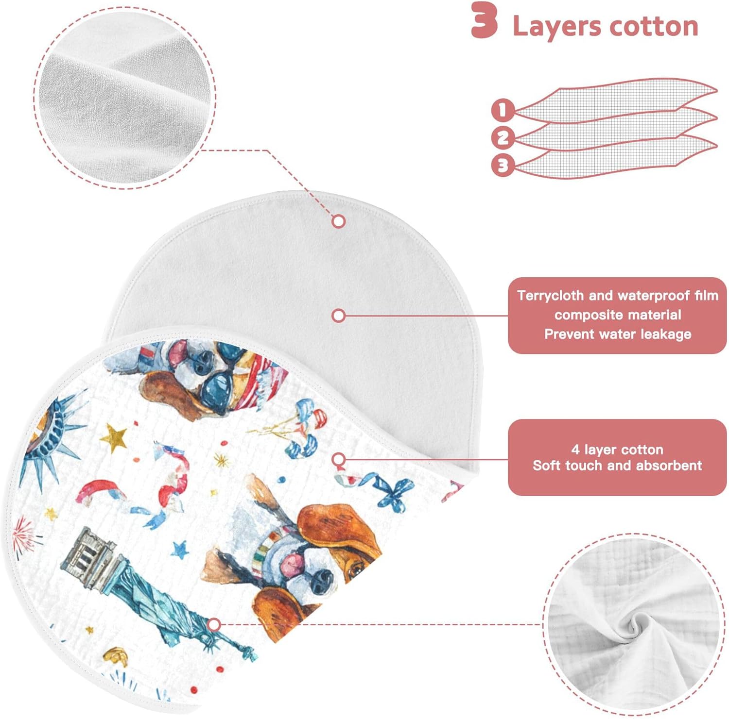 July 4th Beagle Dogs Burp Cloths Baby Boys Girls Absorbent Soft Cotton Burping Cloths Rags 4 Pack