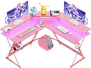 SEVEN WARRIOR Gaming Desk 50.4” with LED Strip & Power Outlets, L-Shaped Computer Corner Desk Carbon Fiber Surface with Monitor Stand, Ergonomic Gamer Table with Cup Holder, Headphone Hook, Pink