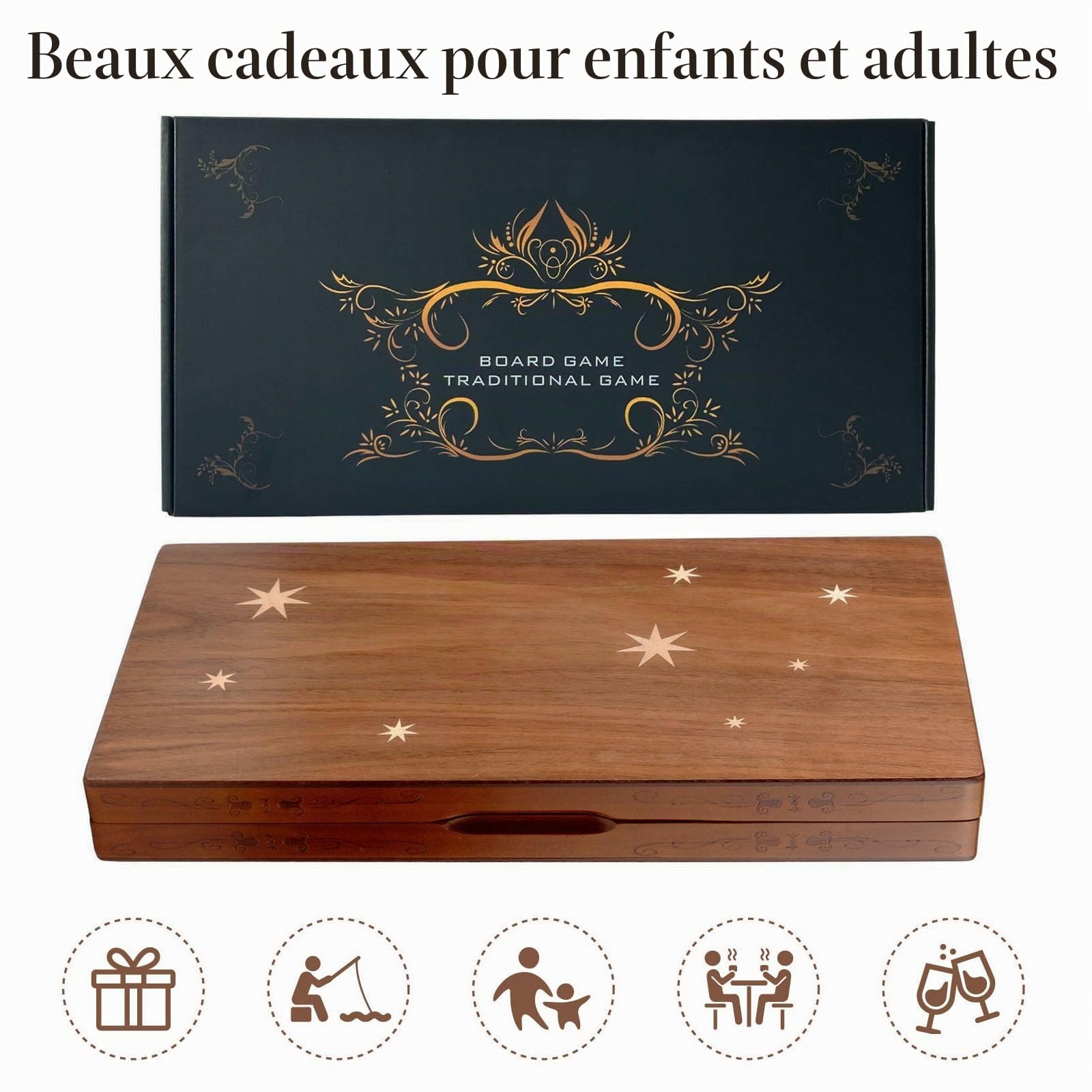 Syrace Ensemble de backgammon en bois avec incrustations classiques - Étui de jeu de société de stratégie - 39,7 cm - Backgammon avec pièces de contrôle pour adultes et enfants