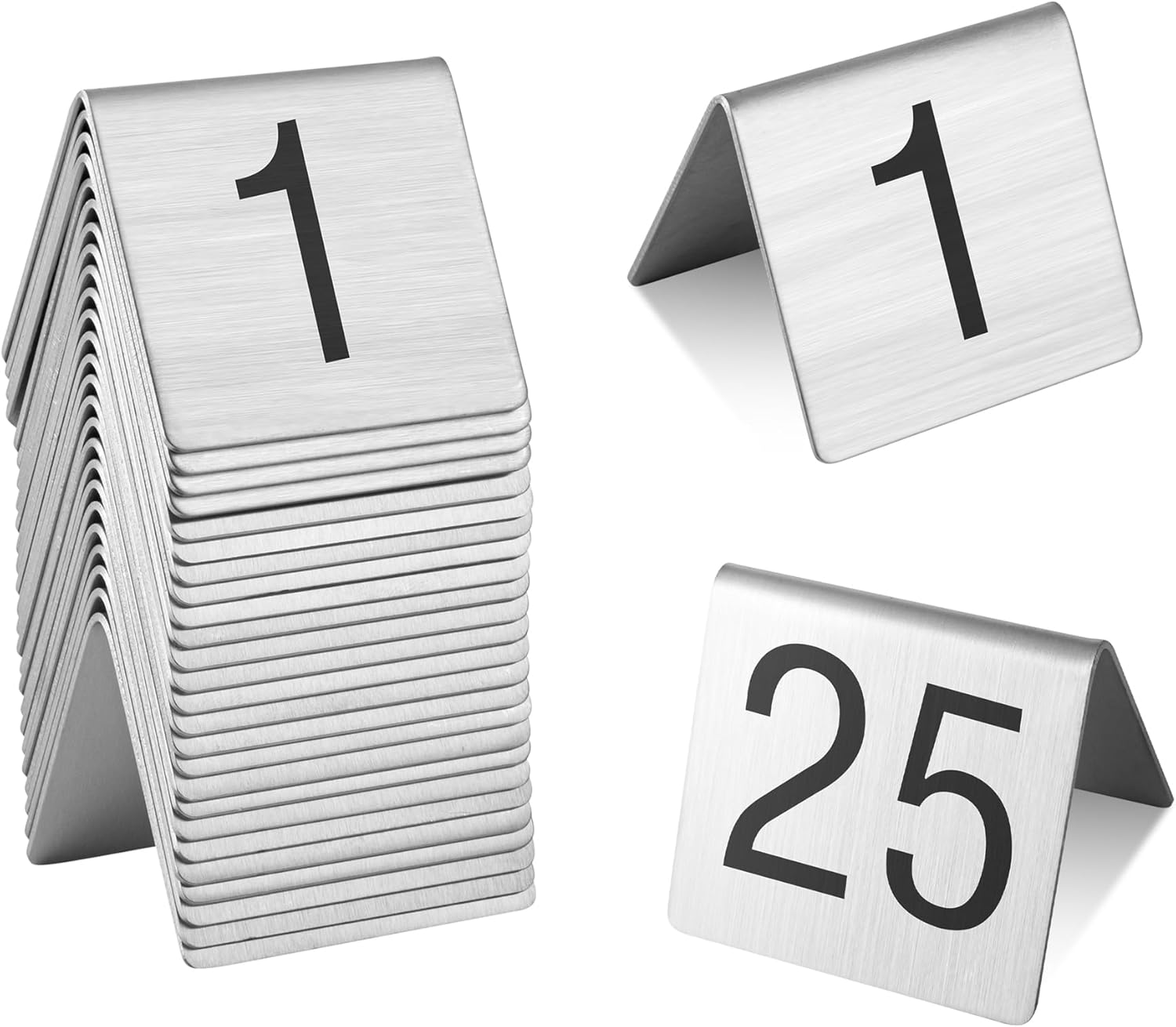 Restaurantware 2.95 x 2.56 x 5 Inch Stainless Steel Table Top Number Sign - 12 Count - Set of 1 to 25 Tent Signs, Rust-Resistant, Easy-to-Red - Silver Table Label for Restaurant, Events
