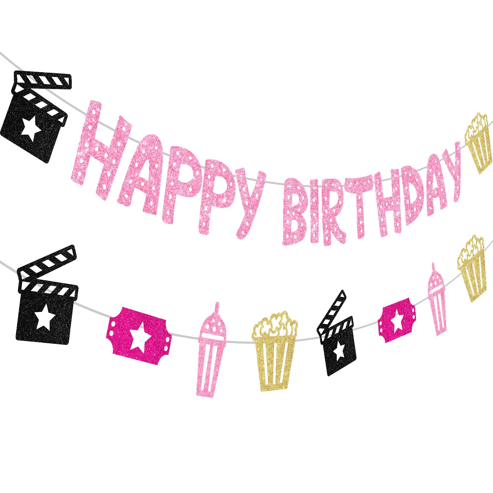 kreat4joy Movie Night Party Decorations Girl Pink, 2pcs Movie Theme Birthday Decorations Banner Garlands Projector Popcorn for Girls Movie Night