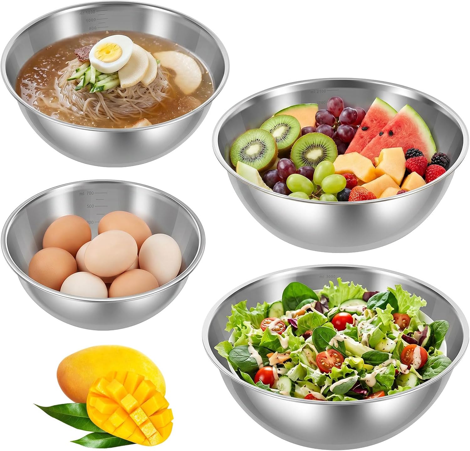 Stainless Steel Mixing Bowl, Set 4 Pcs (24.7cm 22.7cm 19.5cm 16.8cm) One Piece Construction Brushed Finish Ideal as Mixing Bowl for Baking Dough Kneading Salad and Food Prep