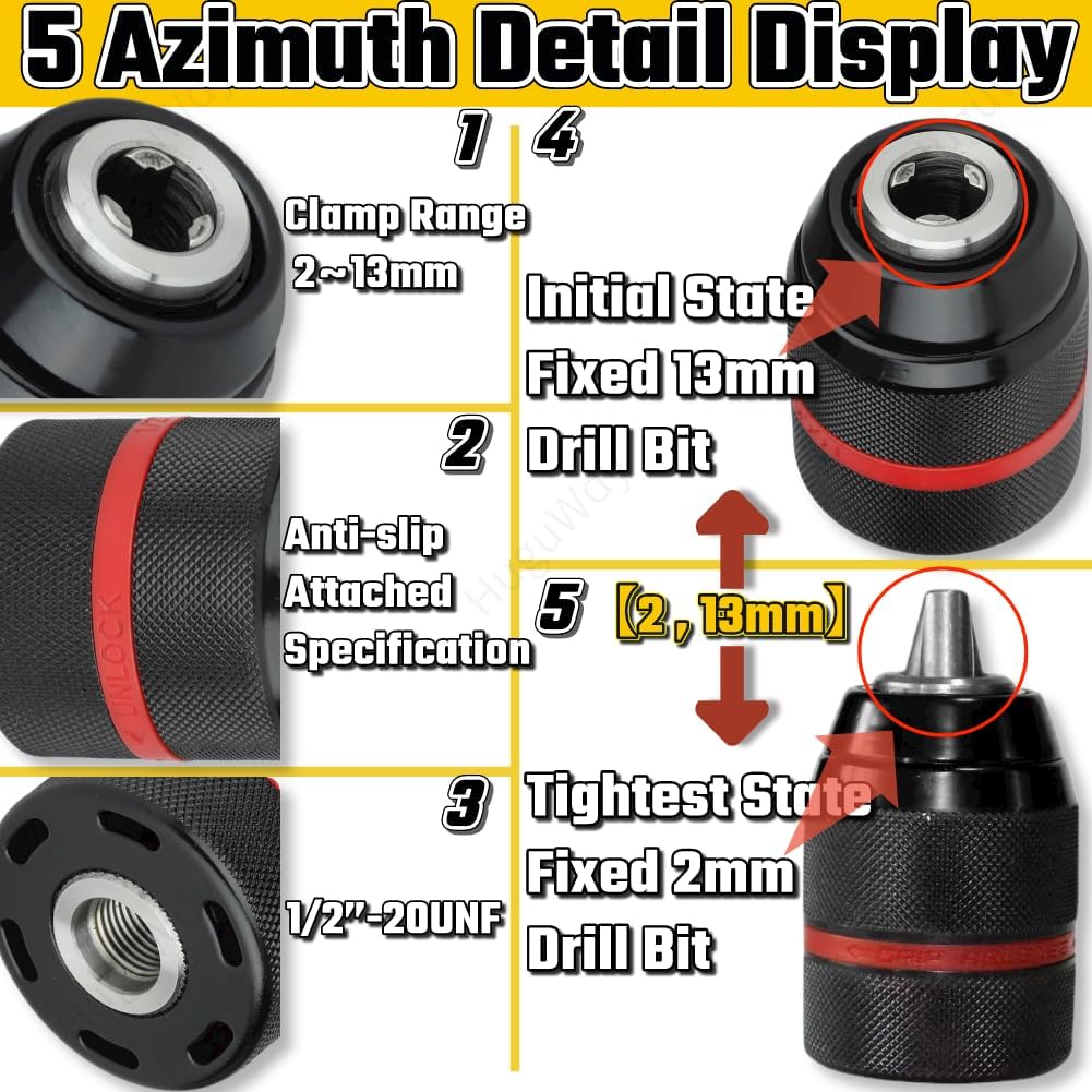 Keyless Hand Power Drill Chuck 1/2”-20UNF Mount, 2~13mm Self-tighten Drill Chuck,Keyless Chuck for Multiple Purposes（Before Purchasing,Make Sure That Your Drill Chuck is 1/2 "-20UNF）