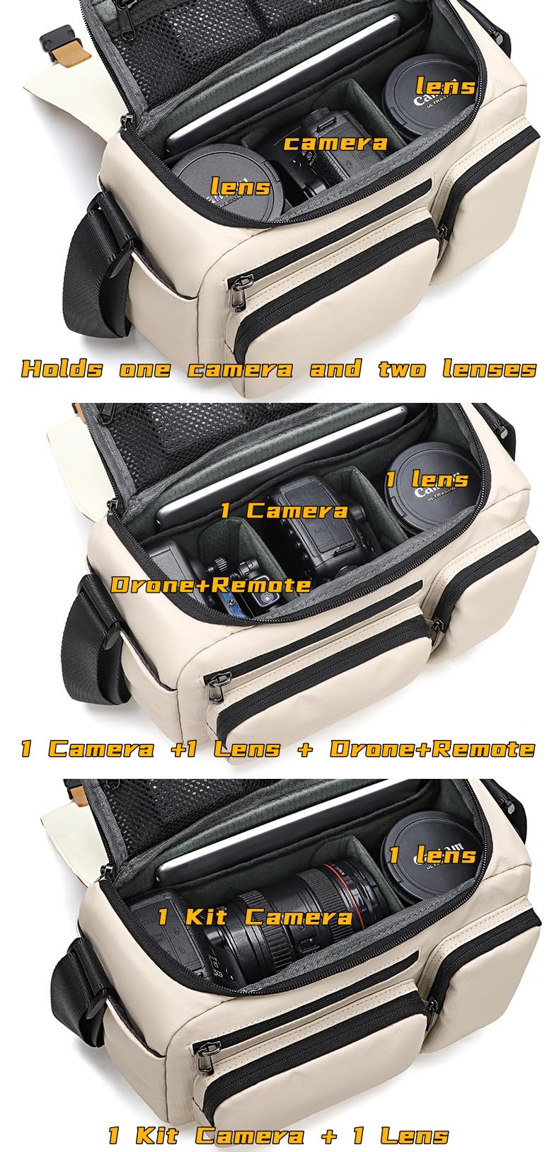 Borsa a Tracolla Fotografica in Tessuto Oxford spalmato PU Beige con 2 Divisori Rimovibili per Fotocamera DSLR e 2 Obiettivi BG506 (Arancione-Beige)