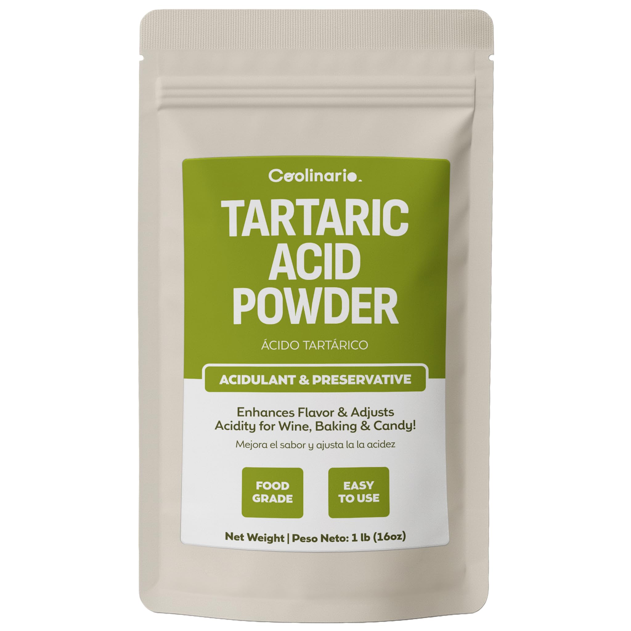 Coolinario Tartaric Acid Powder (1 LB) Natural Acidulant for Wine, Baking & Candy | Enhances Flavor & Adjusts Acidity | Ideal for Cream of Tartar,