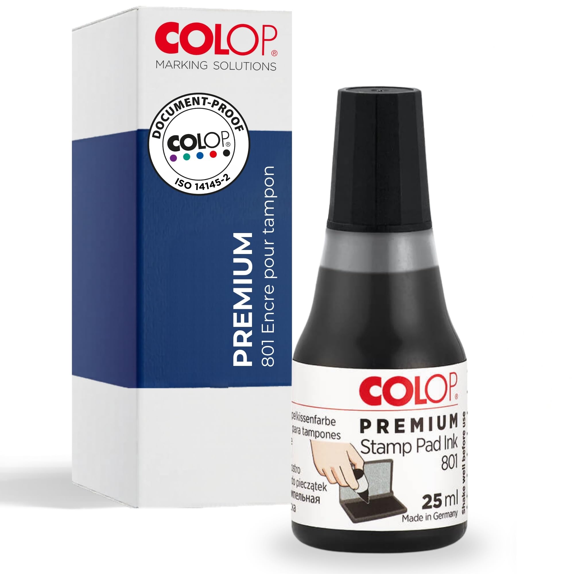 Encre de recharge COLOP 801 | Noir | 25 ml | Indélébile | Encre à base d'eau pour tampons en feutre et mousse. Testée dermatologiquement, avec buse d'application incluse.