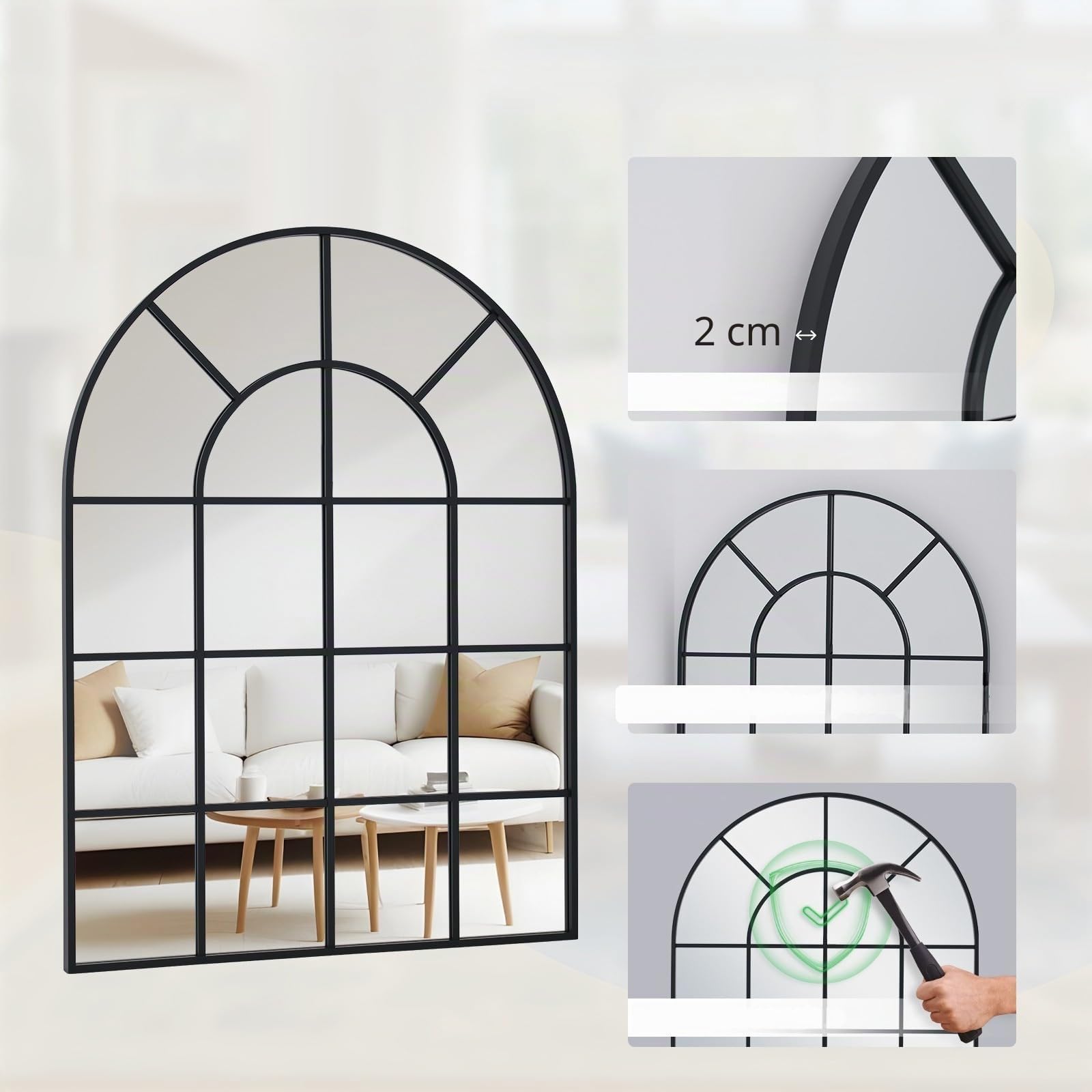 Espejo de ventana curvado 75 x 100 cm, marco de aluminio negro, cristal de ventana, espejo de pared para interior, salón, pasillo, entrada, exterior, decoración de jardín
