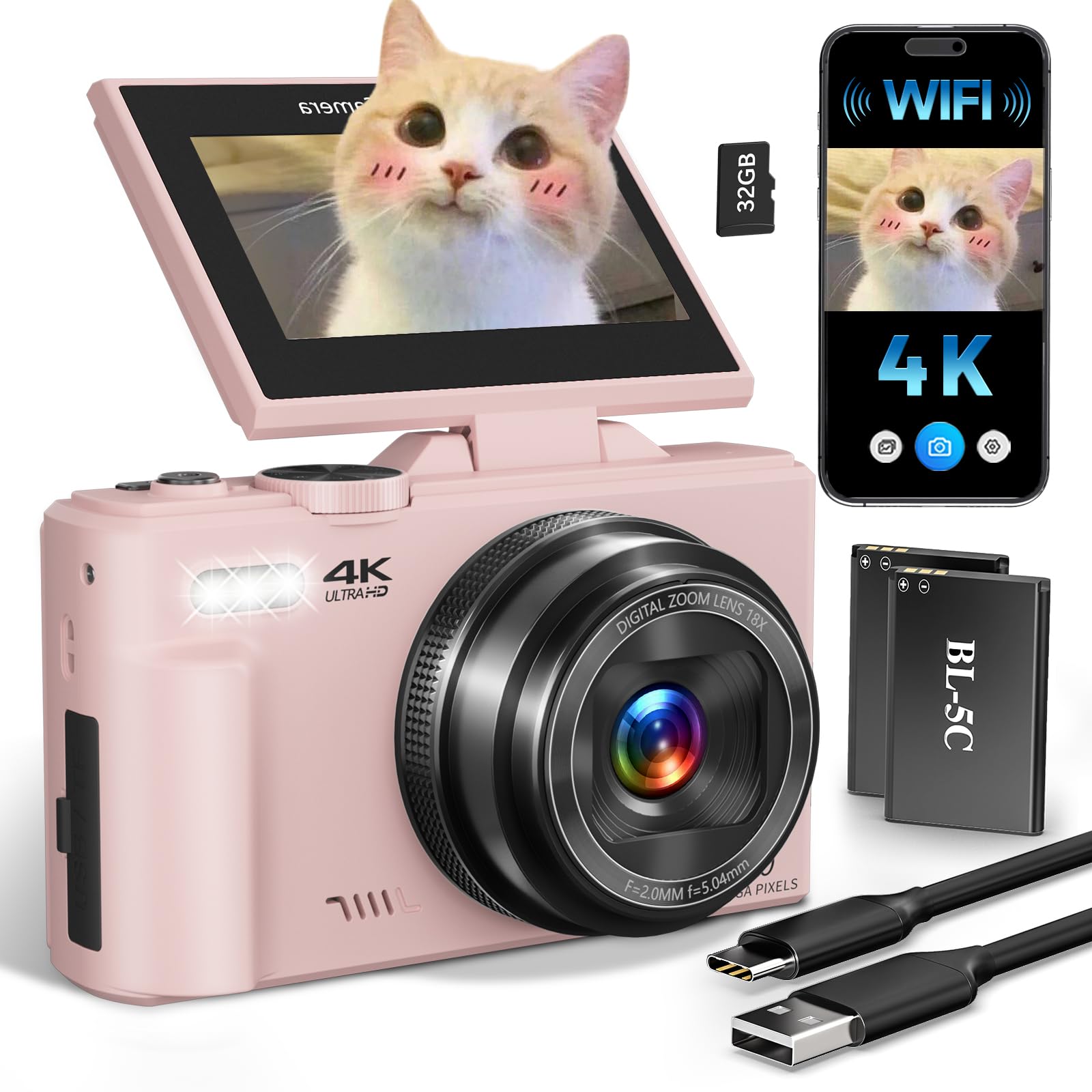 4K Digital Camera for Beginners & Teens, Compact Vlogging Camera with 180° Flip Screen, Autofocus, Easy-to-Use for Travel & YouTube, 18X Zoom, WiFi, 2 Batteries, 32GB Card-image-11
