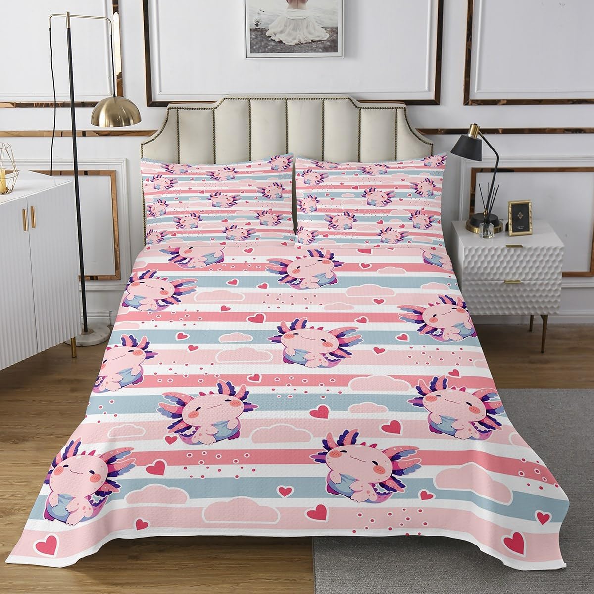 Cartoon Salamander Bedding Set Queen Size,Underwater Animals Bedspread Colorful Coral Comforter Set for Kids Girls Boys Teens Room Decor,Cute Pink Axolotl Quilt Coverlet,2 Pillowcases