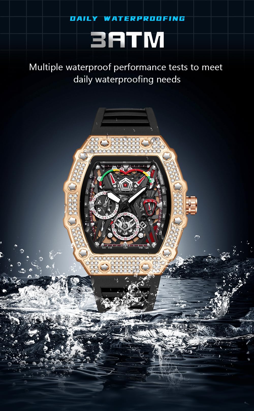 Reloj de pulsera deportivo con diseño de diamantes y cronógrafo, estilo de moda, con correa de silicona
