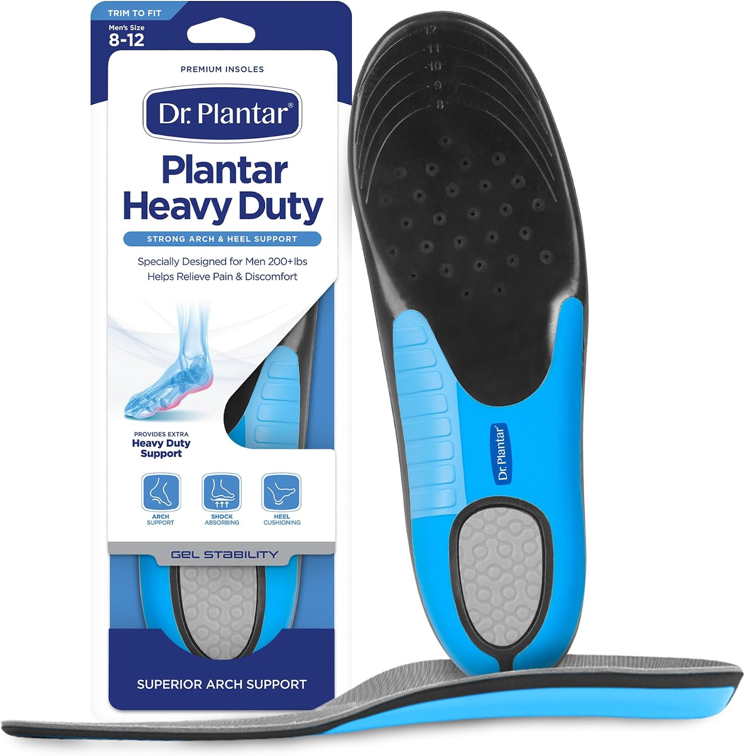 Heavy-Duty Insoles for Men, 200lbs+, Shock Absorbing, Arch Support, Gel Stabilizers, Memory Foam, Trim to Fit, Sizes 8-12