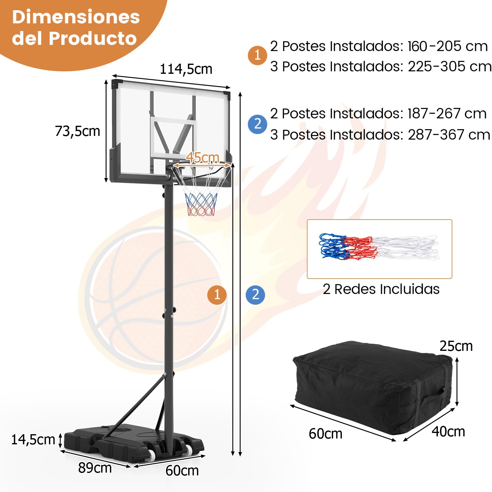 COSTWAY Canasta de Baloncesto, Altura Ajustable 165-305 cm, Canasta de Baloncesto con Base Rellenable, Red de Repuesto, Niños/Adolescentes/Adultos, Interiores Exteriores