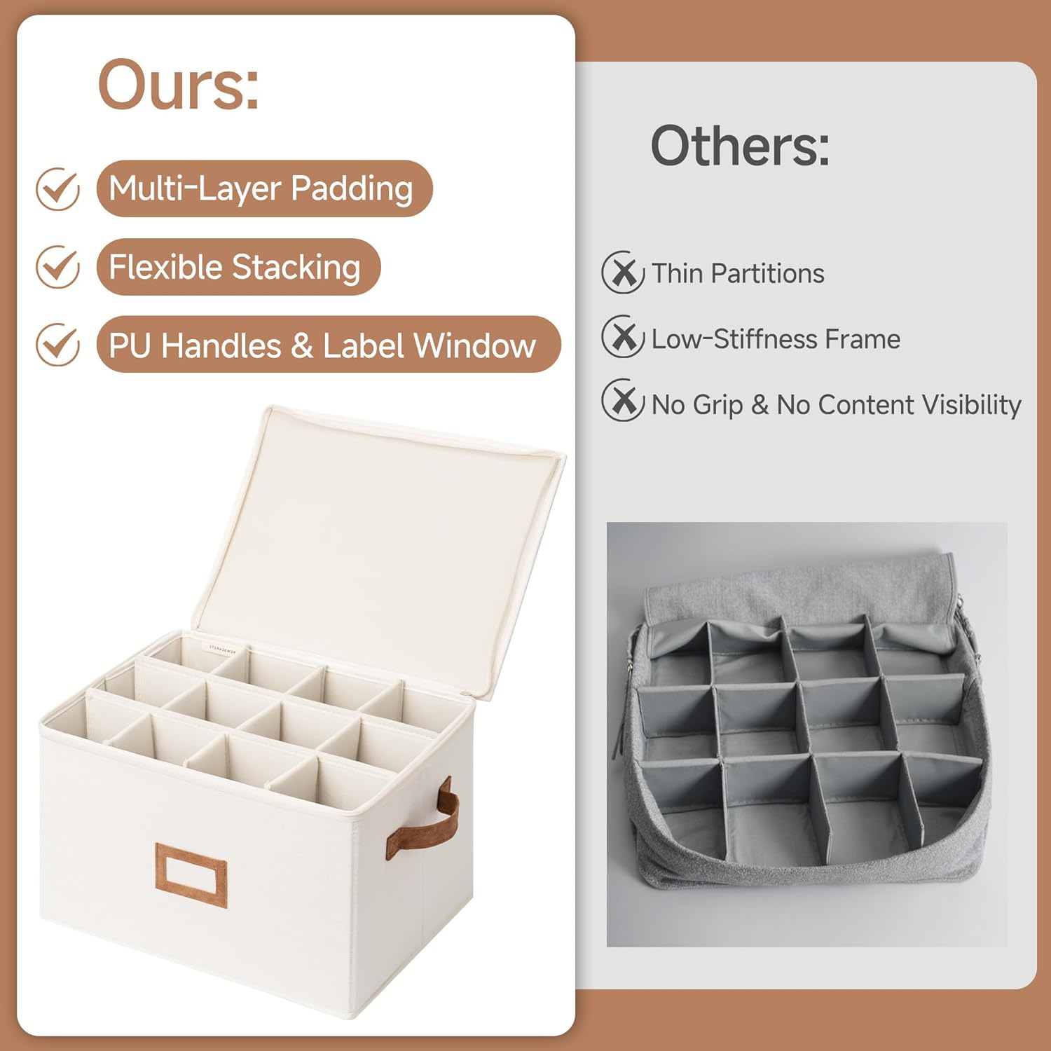 StorageWorks Stemware Storage Cases, Hard Shell Wine Glass Storage Box with Dividers for Glassware, Crystal, and China Holds 12 Standard Size Wine Glasses, 2 Pack, Beige