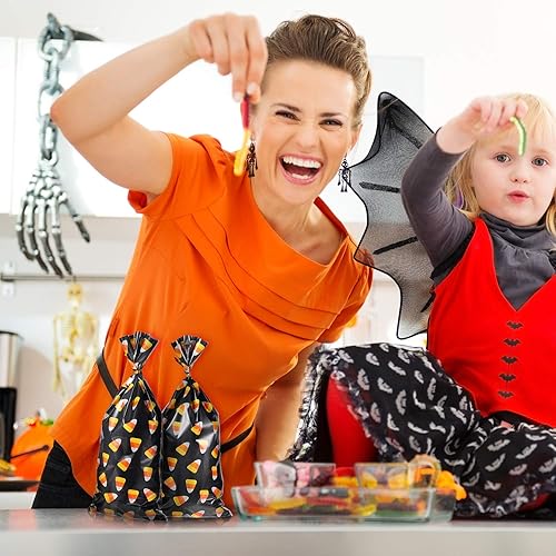 Miniatura 4 de 100 bolsas de celofán de Halloween con patrón de maíz de caramelo, bolsas de celofán con 200 lazos dorados para galletas y aperitivos de chocolate