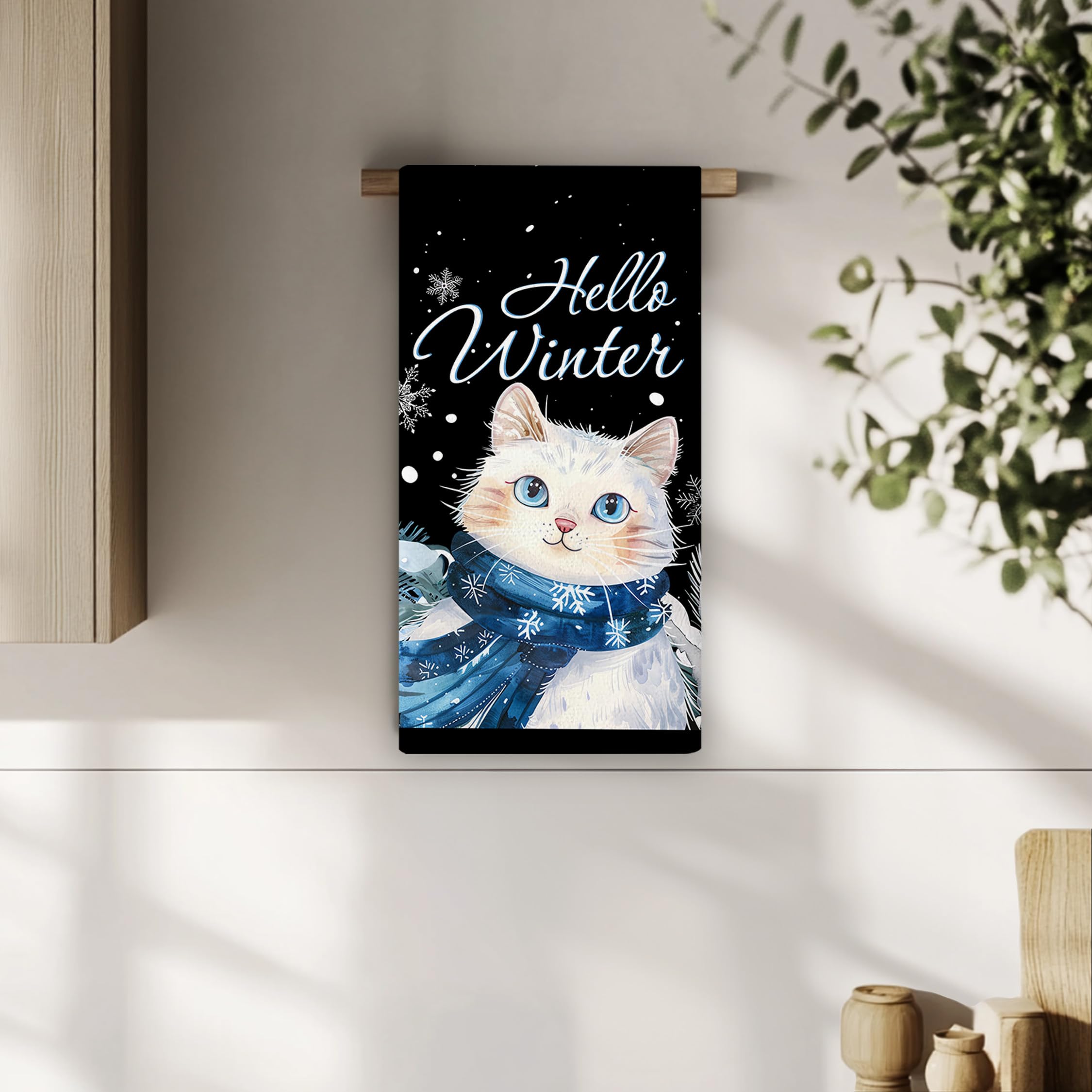 Toallas de cocina de invierno con diseño de gato – Hello Winter - Linda decoración de cocina de invierno, toallas de mano para amantes de los gatos, decoración de gatos de invierno, 16 x 24