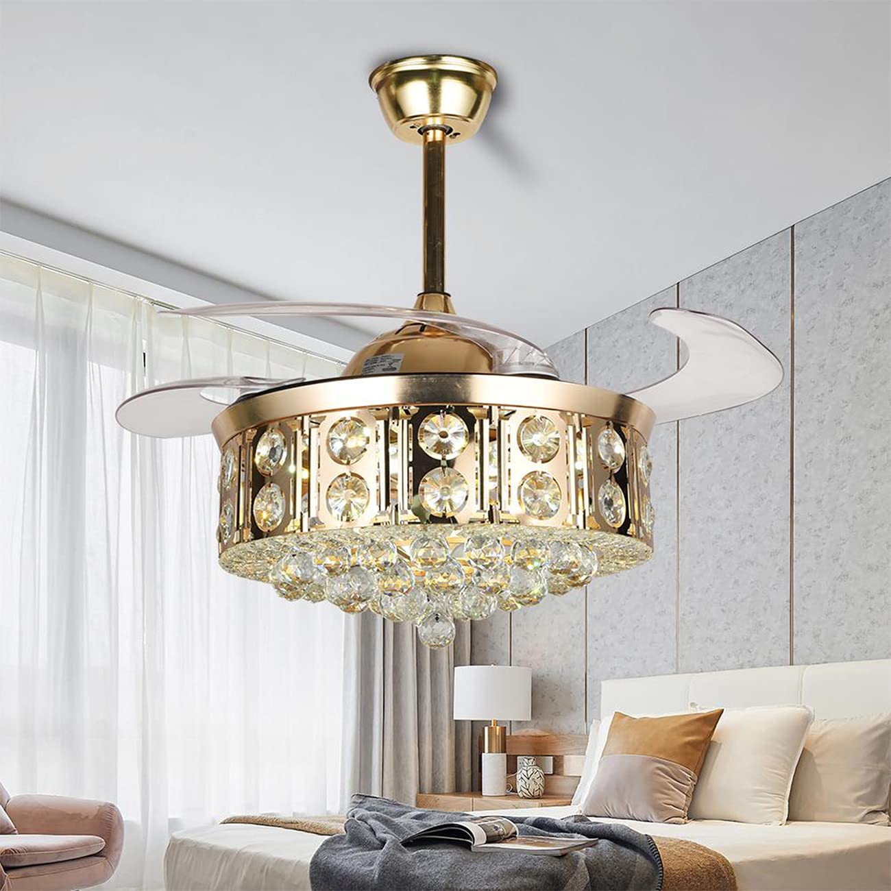 PDLT Home 42 inches Crystal Fandelier Retractable Ceiling Fan with