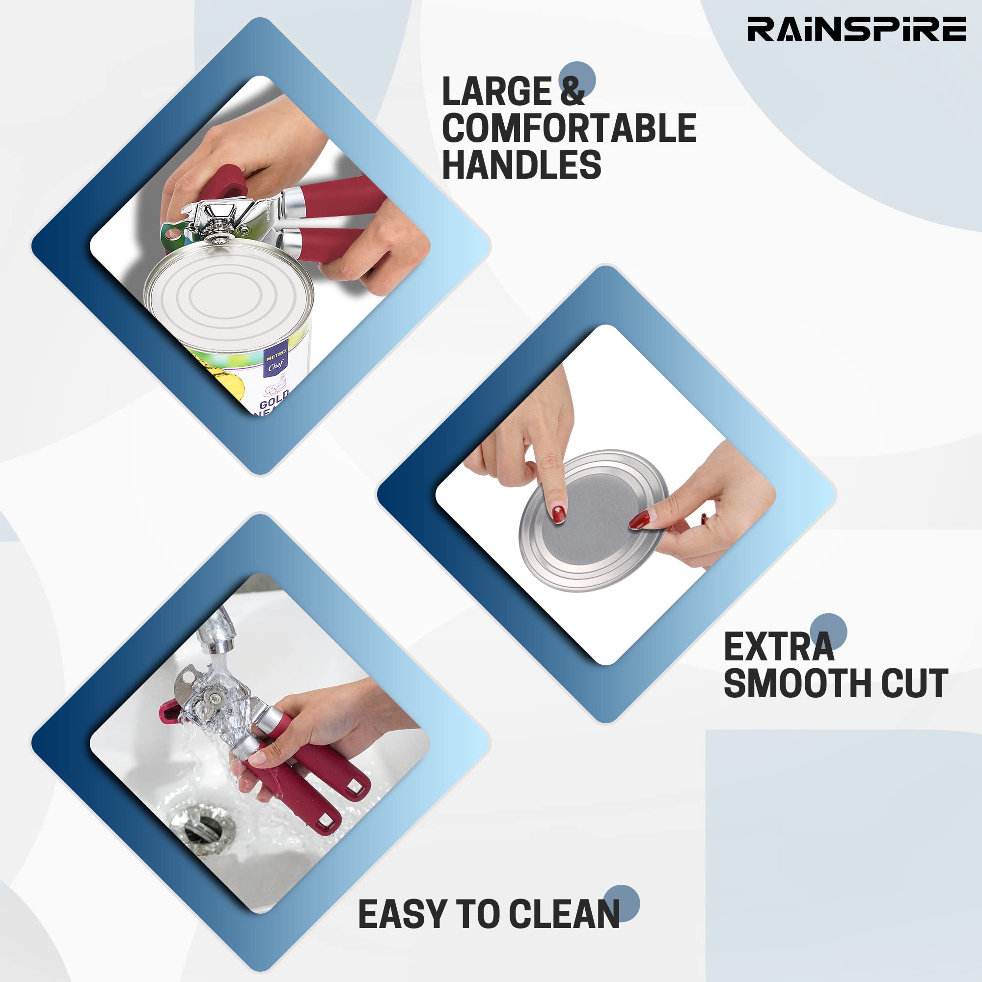 Rainspire Abrelatas manual de mano fuerte abrelatas manual de corte de borde suave, abrelatas resistente, mango suave cómodo, abridor de botellas integrado, rojo