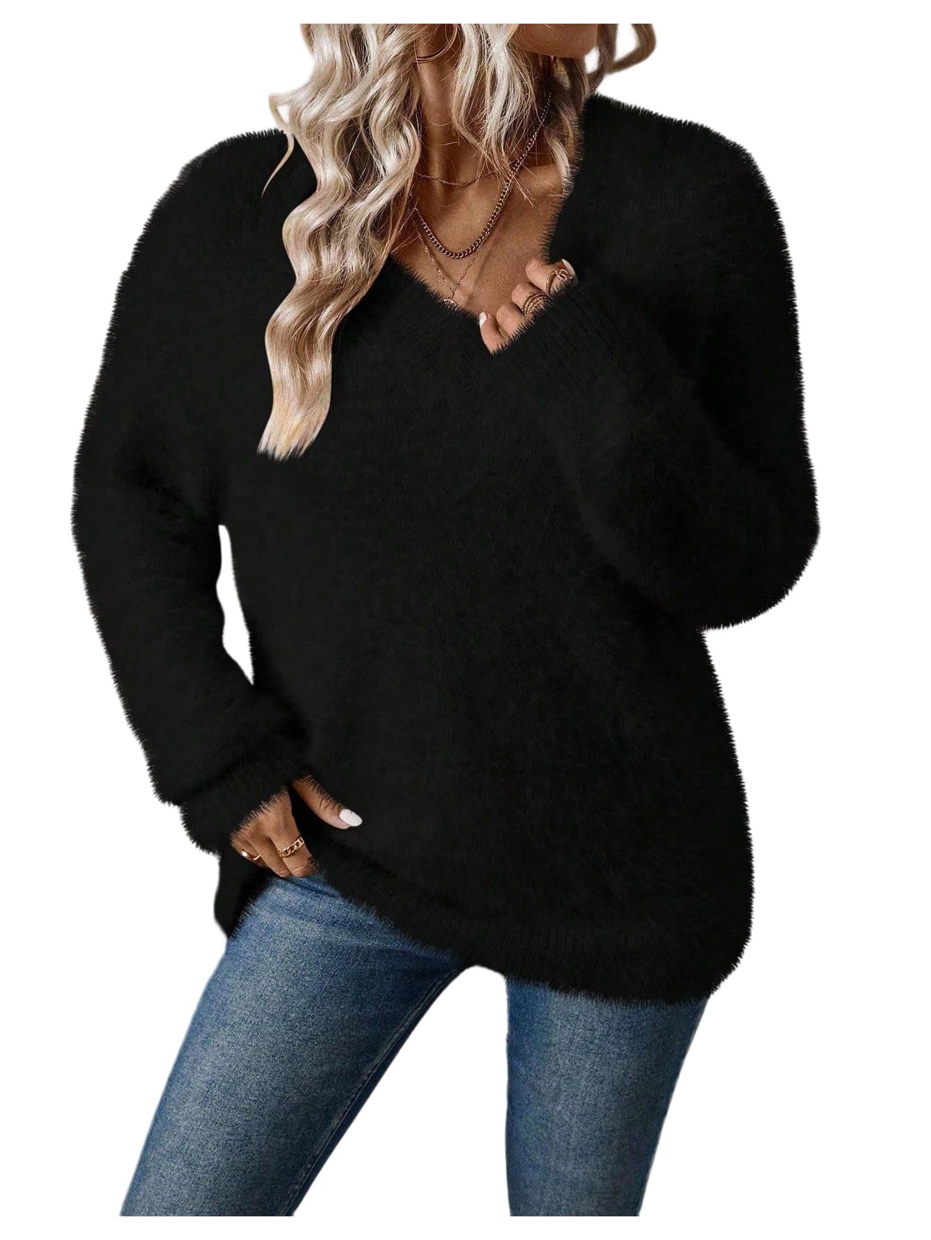 WDIRARA Womens V Neck Fuzzy Sweater Long Sleeve Knitwear Pullover Knit Tops