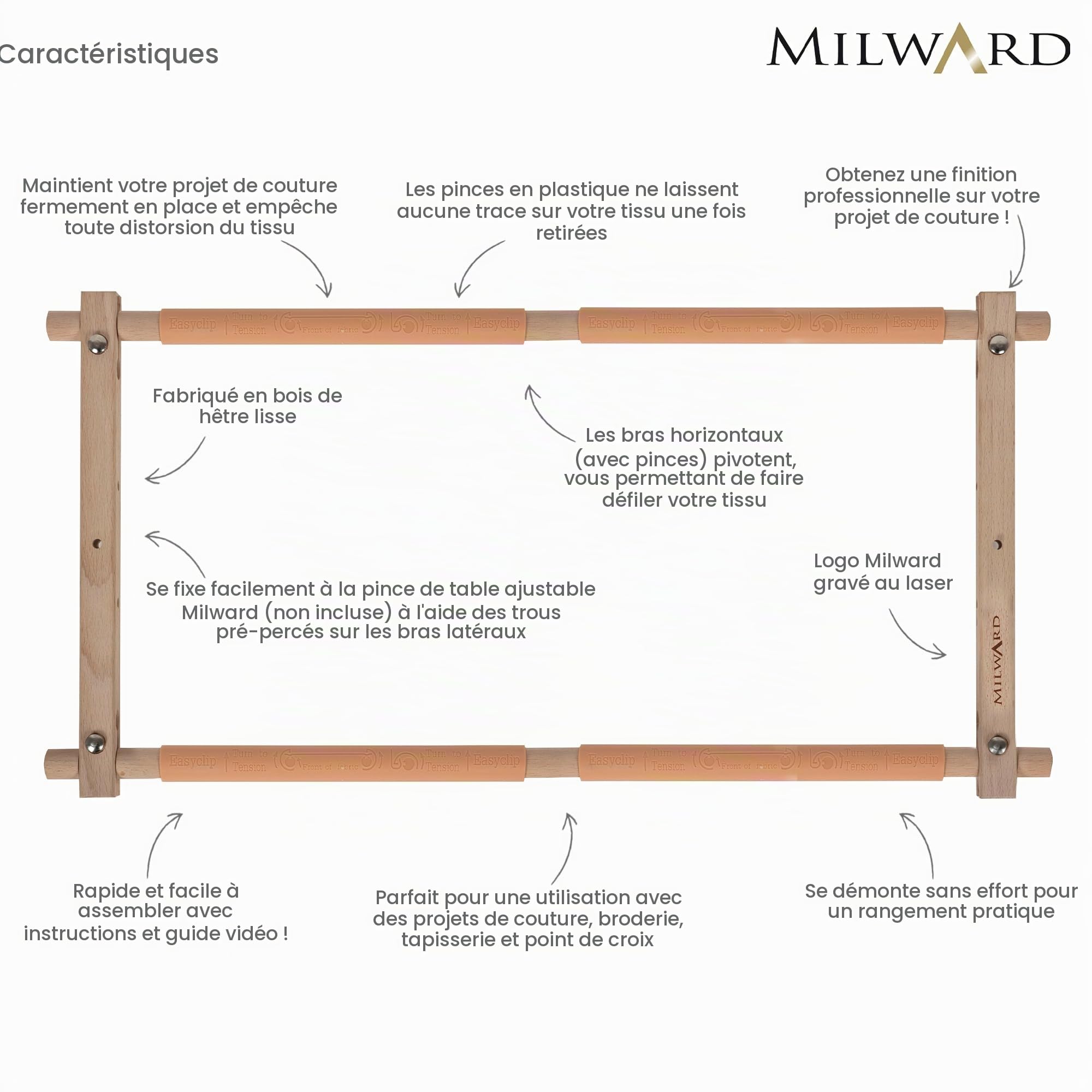 Milward Cadre rotatif pour tapisserie - 53,3 x 30,5 cm - Cadre à clipser pour broderie, point de croix, travaux d'aiguille, matelassage - Bois de hêtre