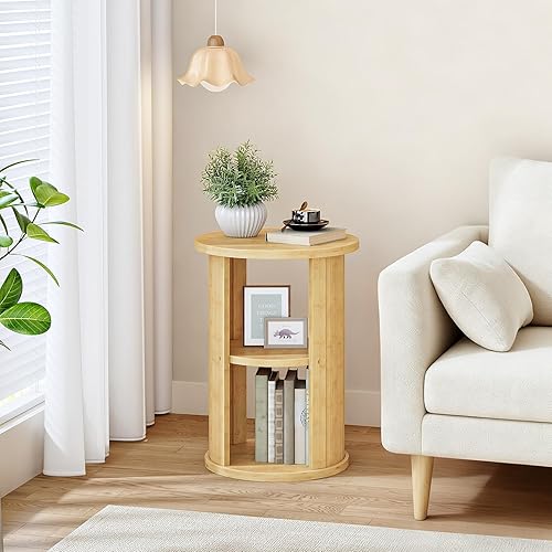 Miniatura 2 de HOOBRO Mesa auxiliar redonda pequeña, mesa auxiliar redonda de bambú de 3 niveles, mesita de noche para sofá, mesita de noche de estilo bohemio,