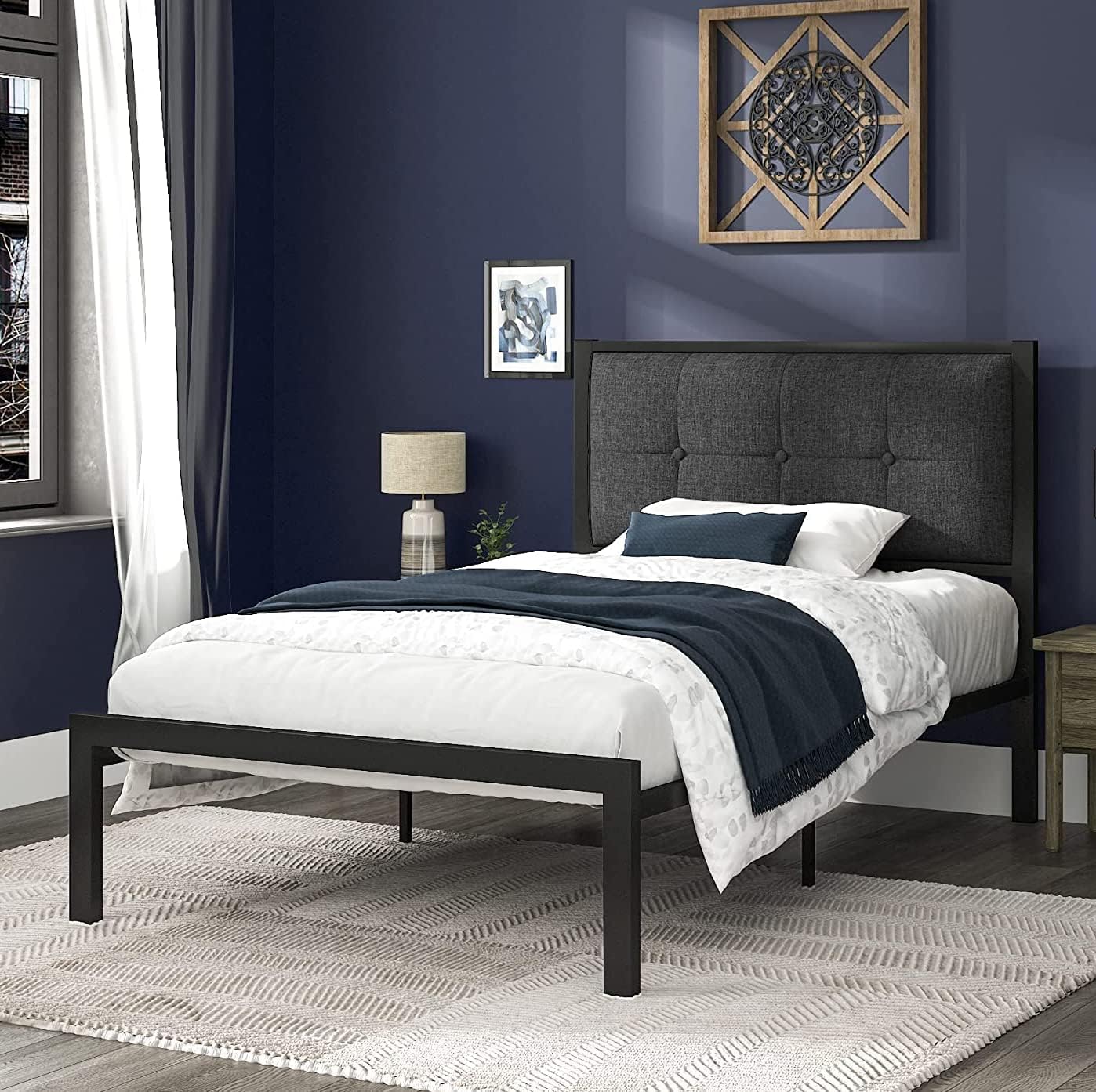 Allewie Twin Bed Frames with Upholstered Button Tufted Headboard for Kids, Platform Bed Frame with 11” Underbed Storage, No Box Spring Needed, Noise Free, Grey.