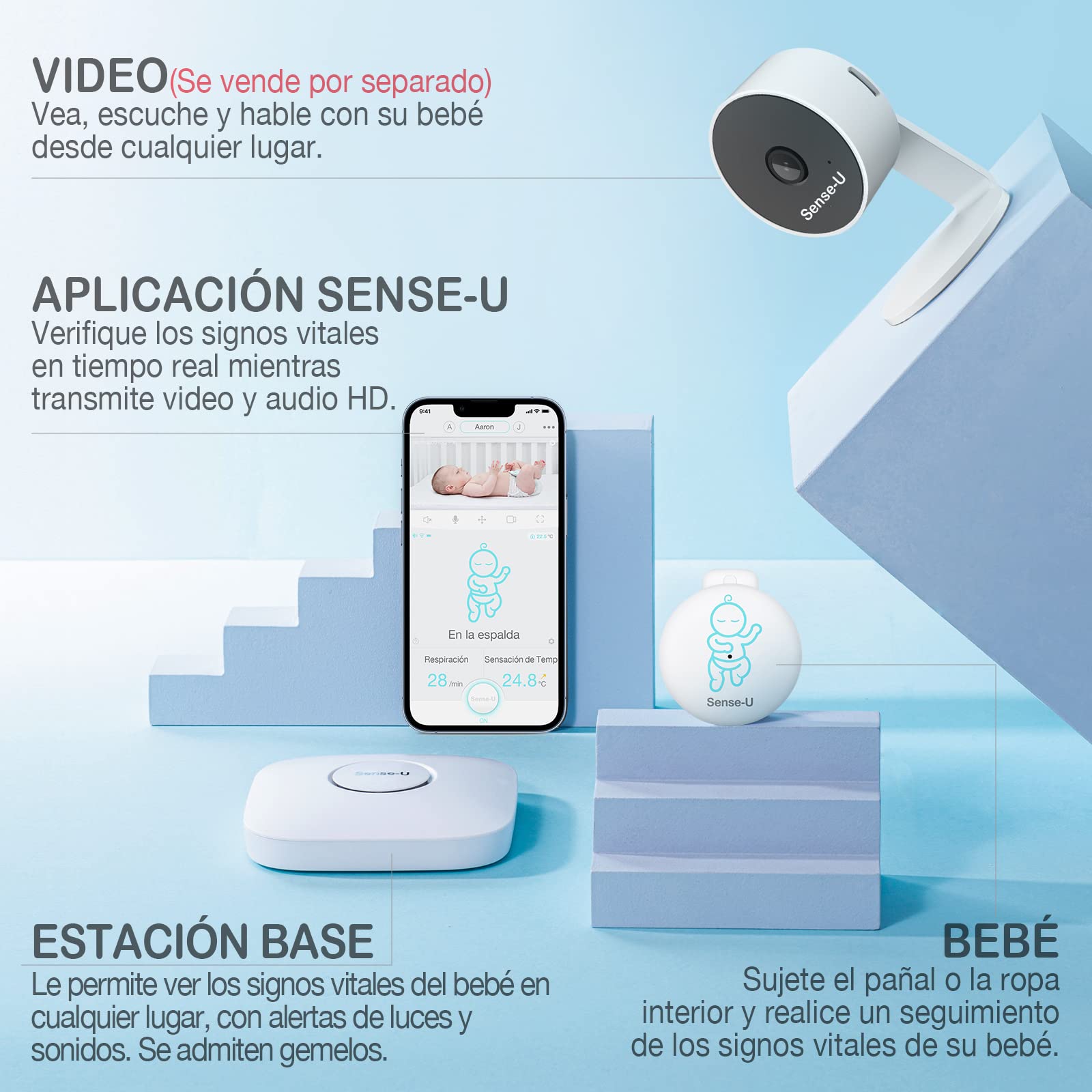 Sense-U Sensores de Monitor de bebé 3: realiza un Seguimiento del Movimiento Abdominal, la sensación de Temperatura, el Giro y la posición para Dormir de su bebé en los teléfonos Inteligentes(Rosa)