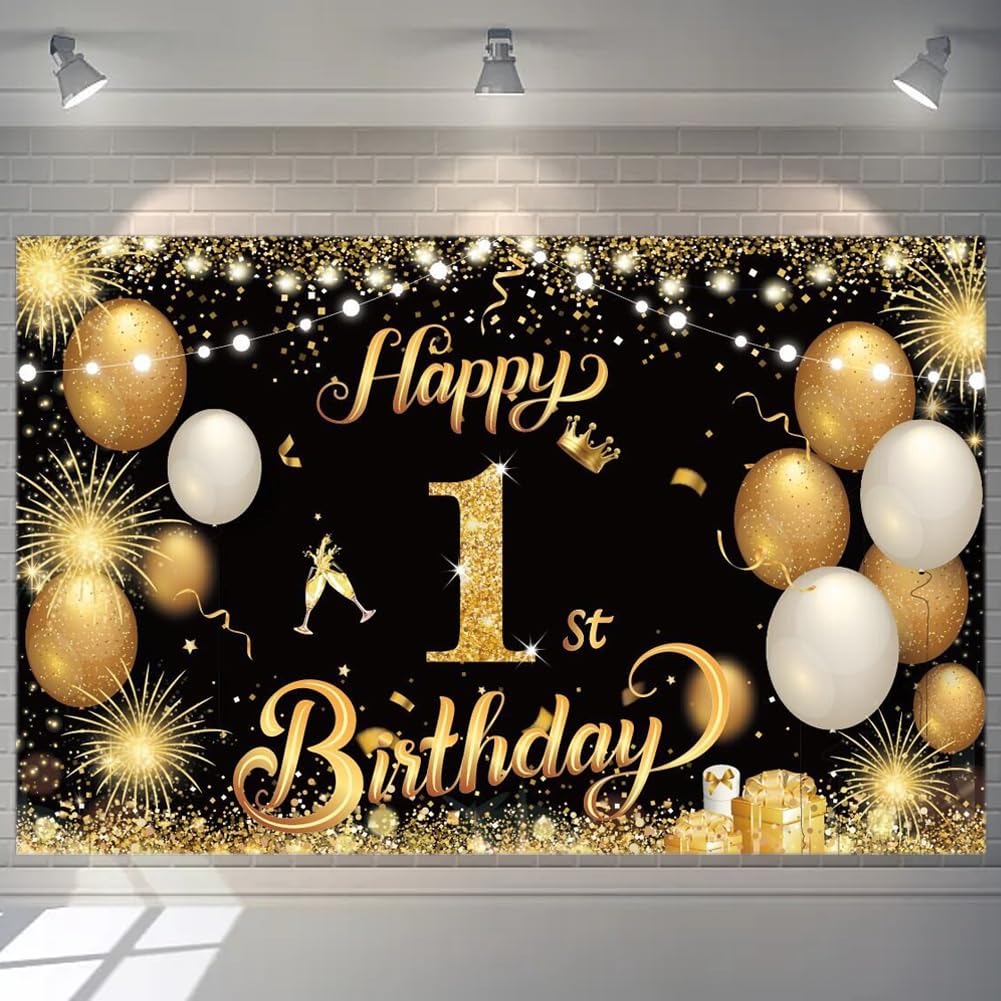 Happy 1st Birthday Banner Gold 1.1 x 1.8m Happy Birthday Banner Backdrop 1st birthday Decorations for Boys Girls, 1 Year Old BIRTHDAY Anniversary Party Supplies (Black Gold)