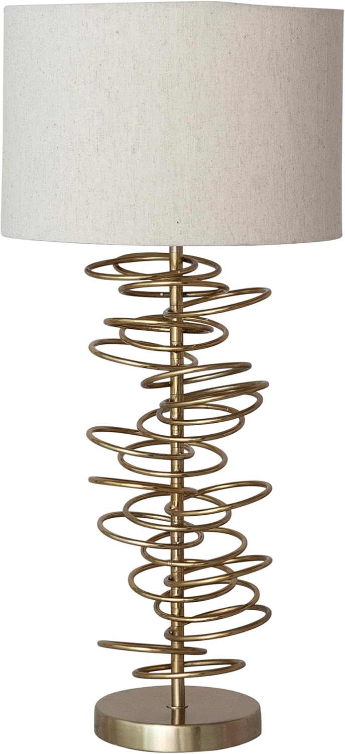 Creative Co-Op Round Metal Wire Circles Table Lamp with Linen Shade, Gold Finish and Natural