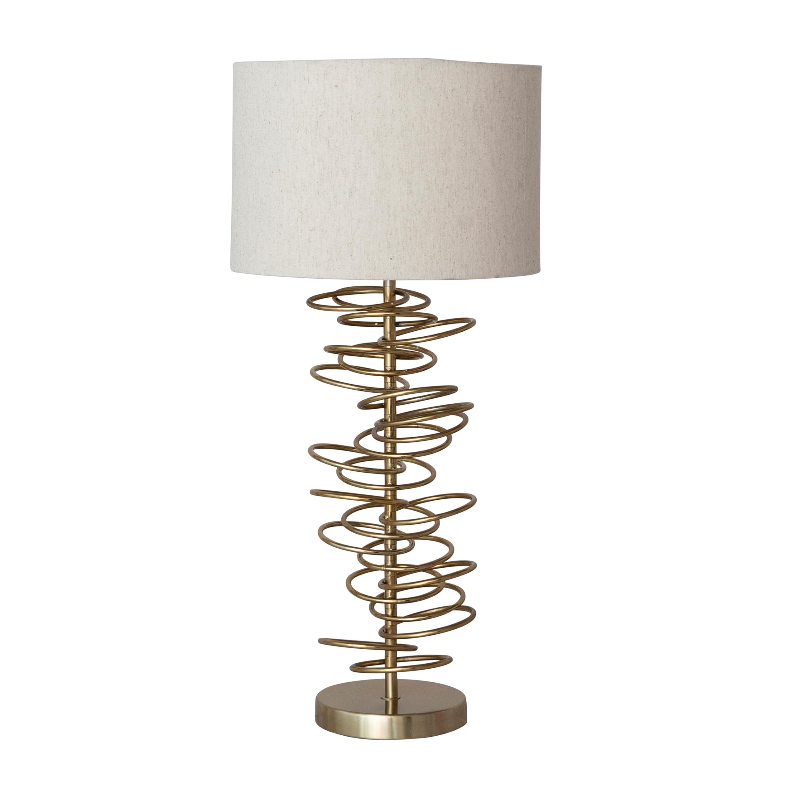 Creative Co-Op Round Metal Wire Circles Table Lamp with Linen Shade, Gold Finish and Natural
