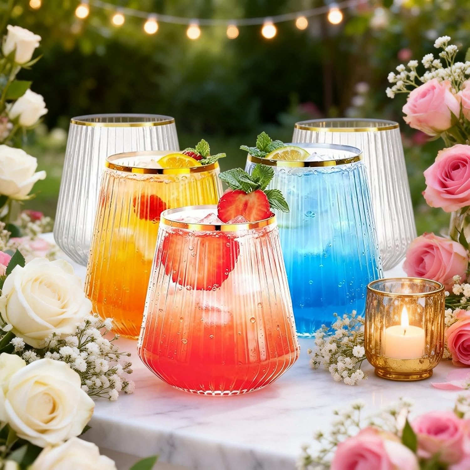 BESTSTAR 36 Pcs 12 oz Plastic Clear Gold Rim Ribbed Wine Glasses, Origami Ripple Disposable Champagne Glasses Elegant Whiskey Glasses Ideal for Weddings, Bars, Christmas, Pool Party, Daily Use - Image 2