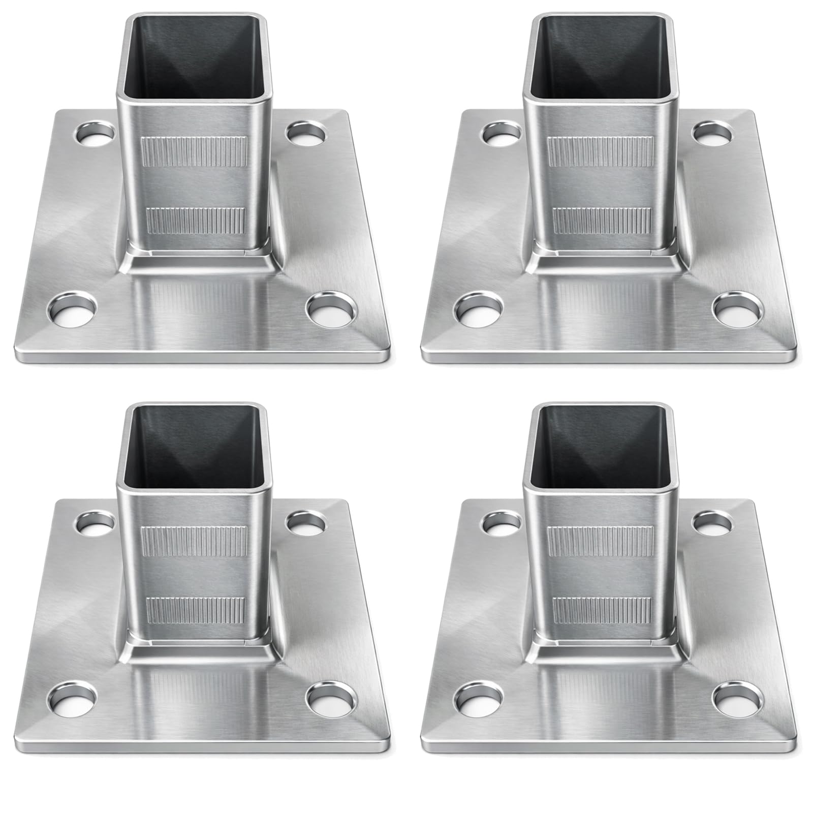 PRIOstahl Bodenanker mit Rändelung Bodenplatte Bodenhülse Ankerplatte x 4 Stück 4-loch Platte für Rohre & Pfosten (Ø 40x40x2mm) zur Verankerung Geländerbau Treppen Balkon Rostfrei aus Edelstahl V2A