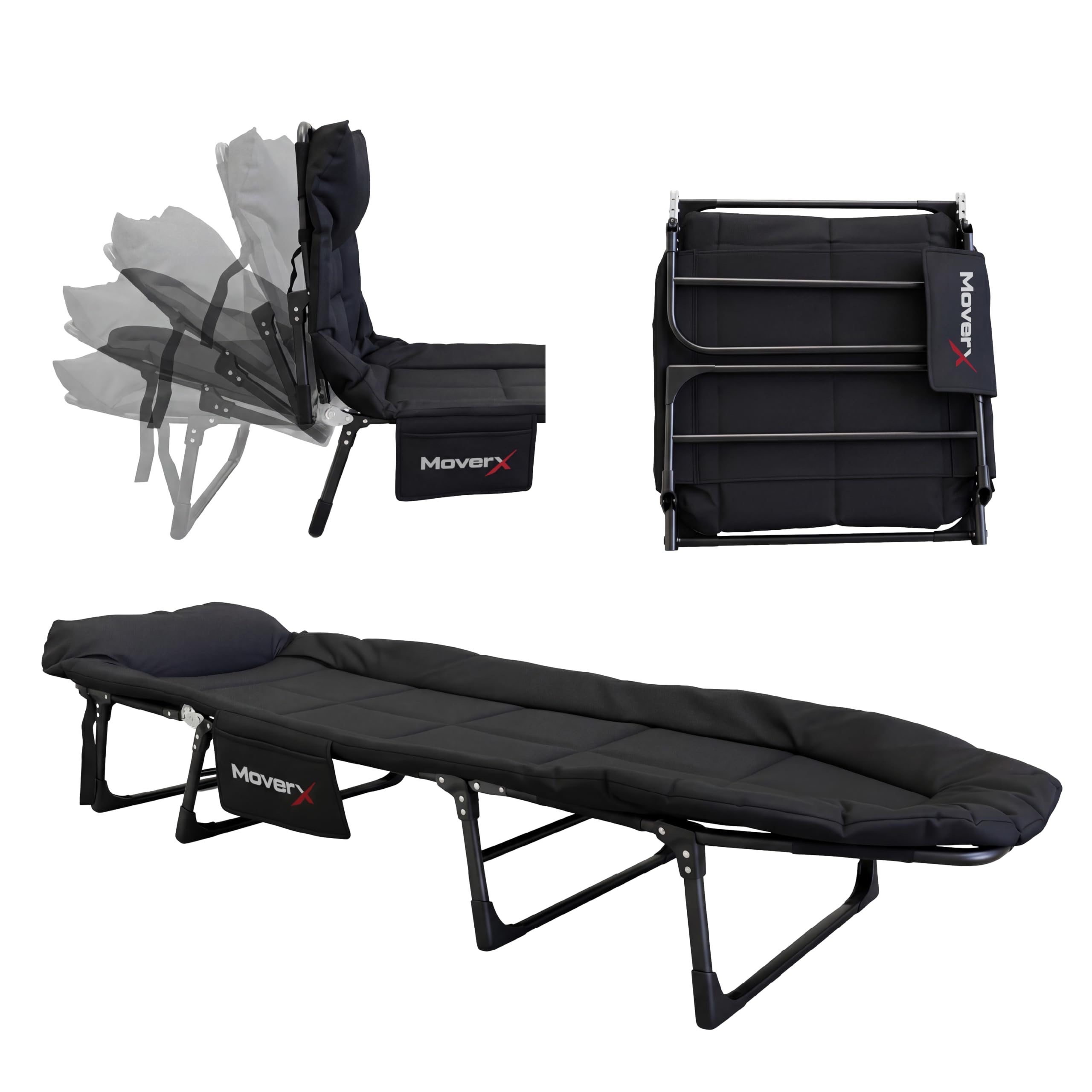 MoverX Folding Camping Bed, Reclining Cot with Backrest, 130kg, Black