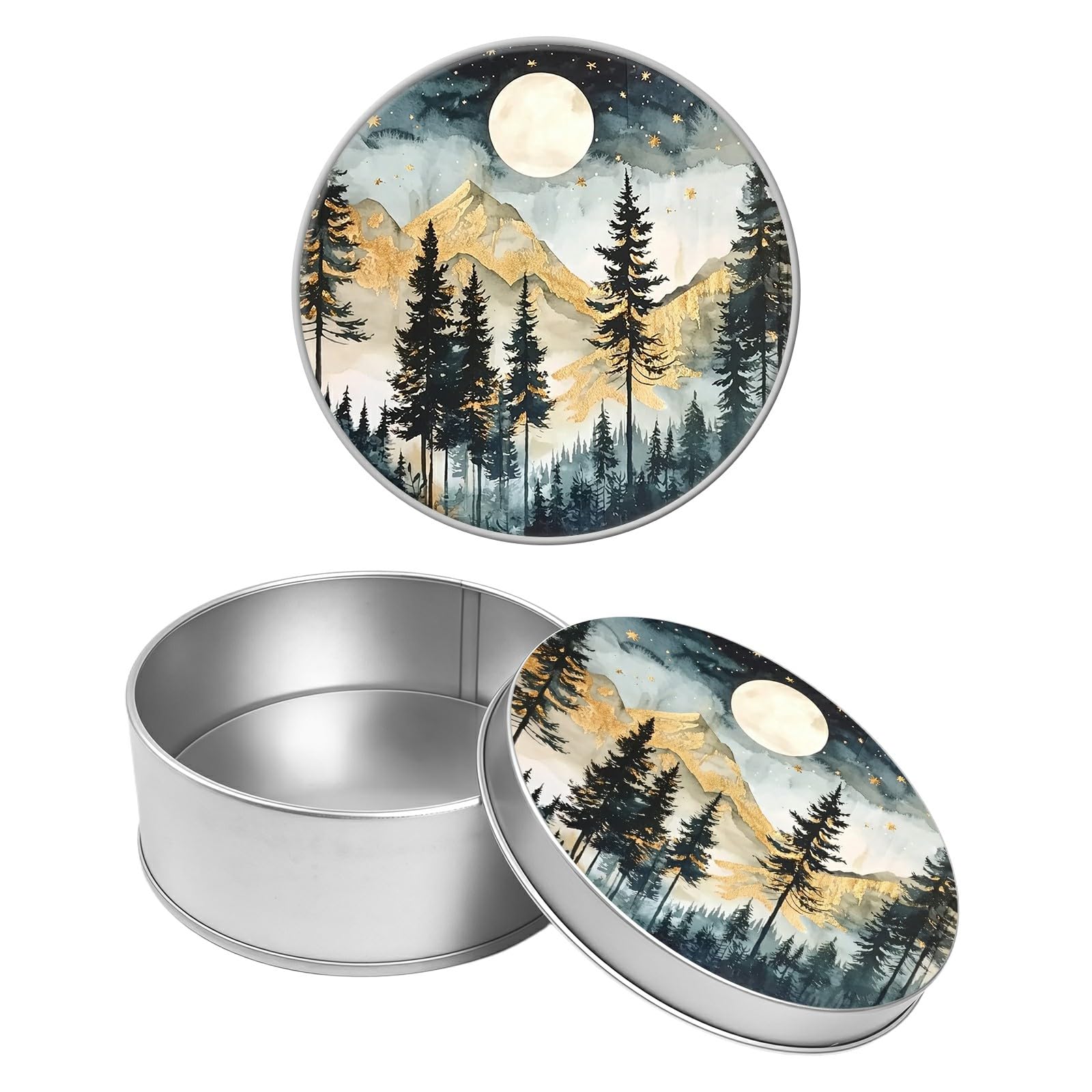 Round Metal Tin Container with Removable Lid, Landscape Moon Durable Metal Storage Box for Crafts Snacks Candies Office Supplies Small Items 3.54 x 1.38 inch– Single Pack