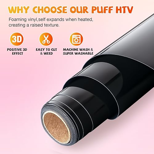 Miniatura 5 de VinylRus Puff Vinilo de transferencia de calor 3D de 12 pulgadas x 6 pies, vinilo 3D negro para planchar para camisetas, rollo de vinilo Puff HTV