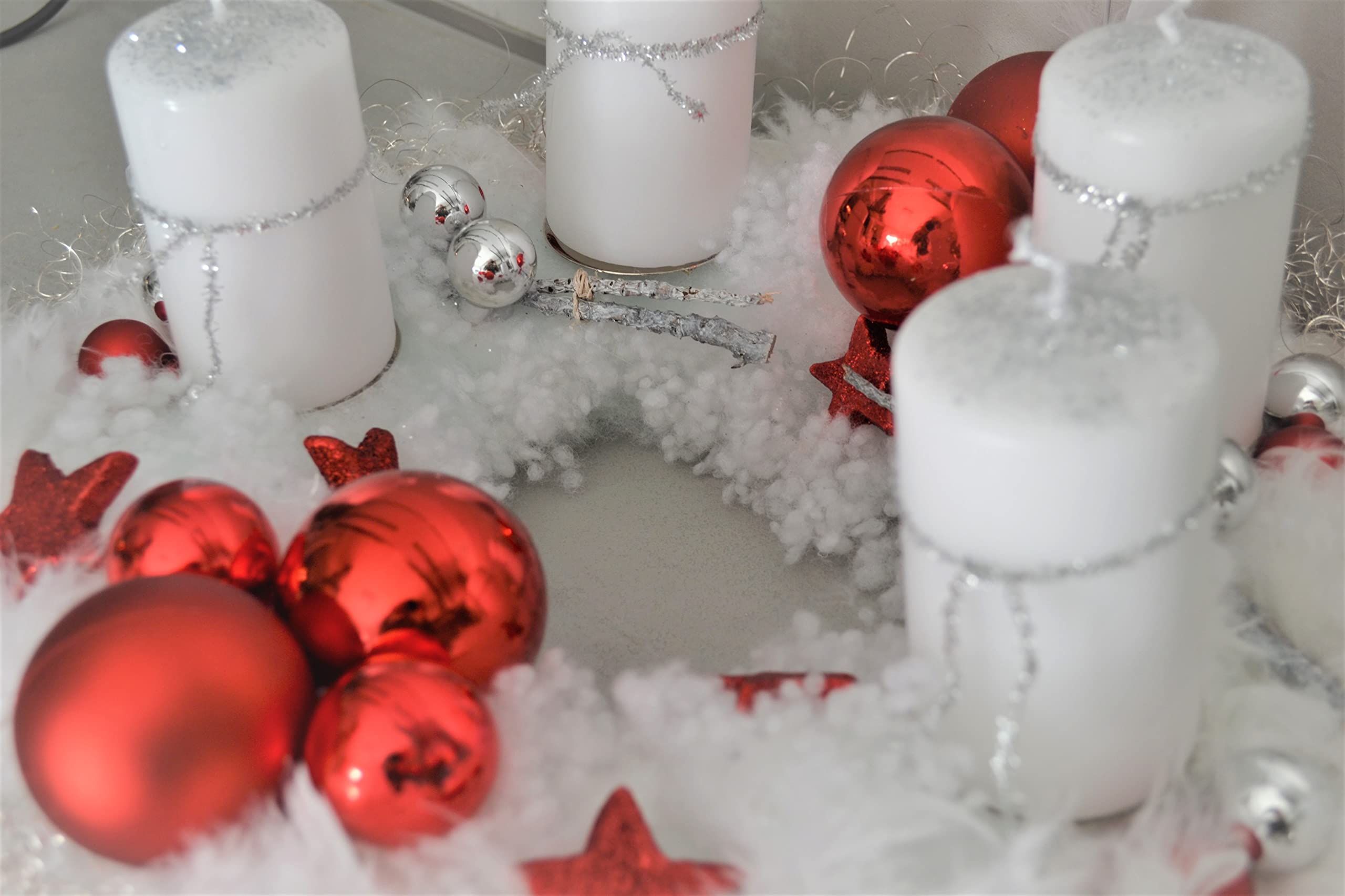 Adventskranz weiß rot 40 cm künstlich Weihnachten Adventsgesteck Deko Feder